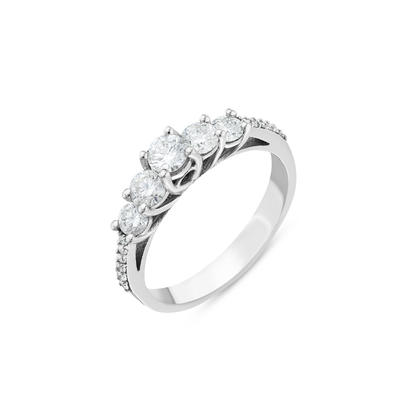 Natural diamond five-stone ring with pave shoulders in 14K white gold, angled view