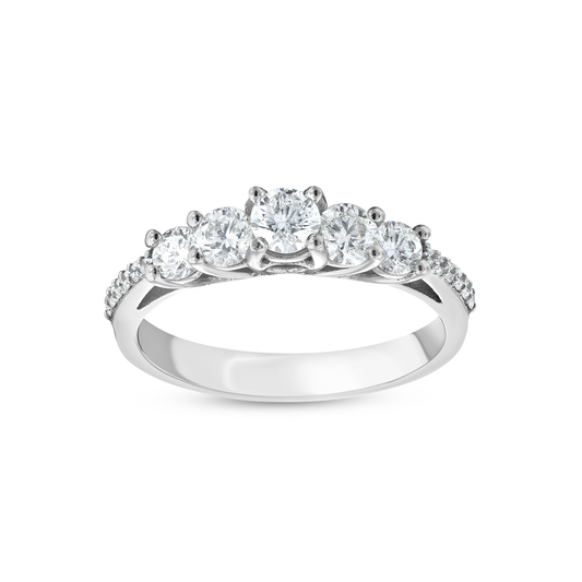 0.78 ct natural diamond five-stone ring in 14K white gold, front view
