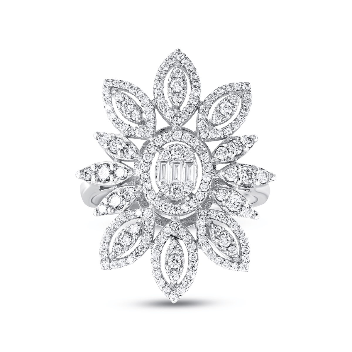 Natural diamond flower cocktail ring in 14K white gold with a baguette oval centre and twelve pavé petals, front view