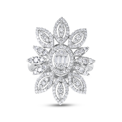 Natural diamond flower cocktail ring in 14K white gold with a baguette oval centre and twelve pavé petals, front view