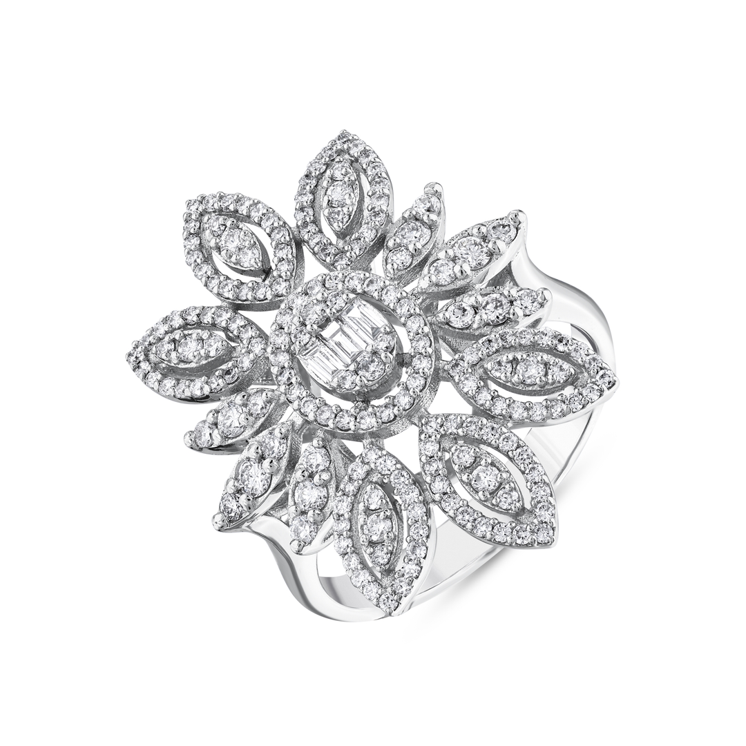Natural diamond flower cocktail ring in 14K white gold, angled view of the open marquise petals and the band