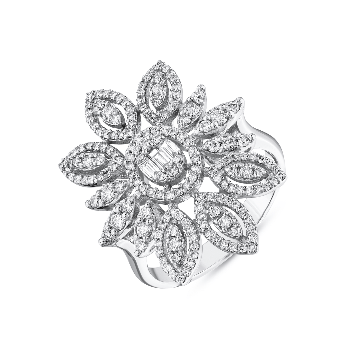 Natural diamond flower cocktail ring in 14K white gold, angled view of the open marquise petals and the band
