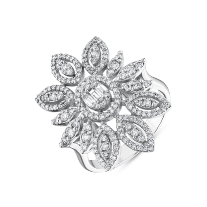Natural diamond flower cocktail ring in 14K white gold, angled view of the open marquise petals and the band