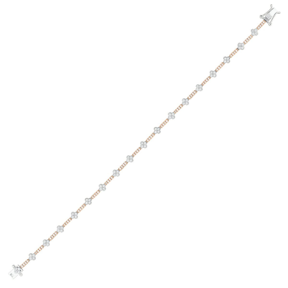 Natural diamond flower station tennis bracelet in 14K rose and white gold, full length with box clasp