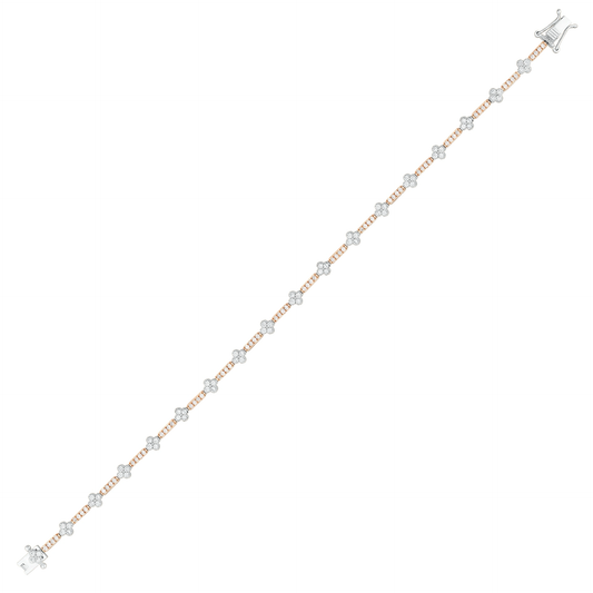 Natural diamond flower station tennis bracelet in 14K rose and white gold, full length with box clasp