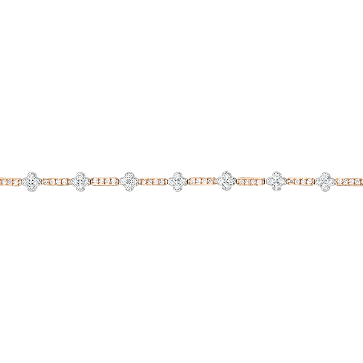 Close view of the white-gold diamond flowers and rose-gold five-diamond bars