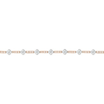 Close view of the white-gold diamond flowers and rose-gold five-diamond bars