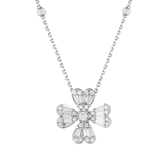 Natural diamond heart clover pendant necklace in 18K white gold with baguette and round diamonds and diamond stations on the chain, front view