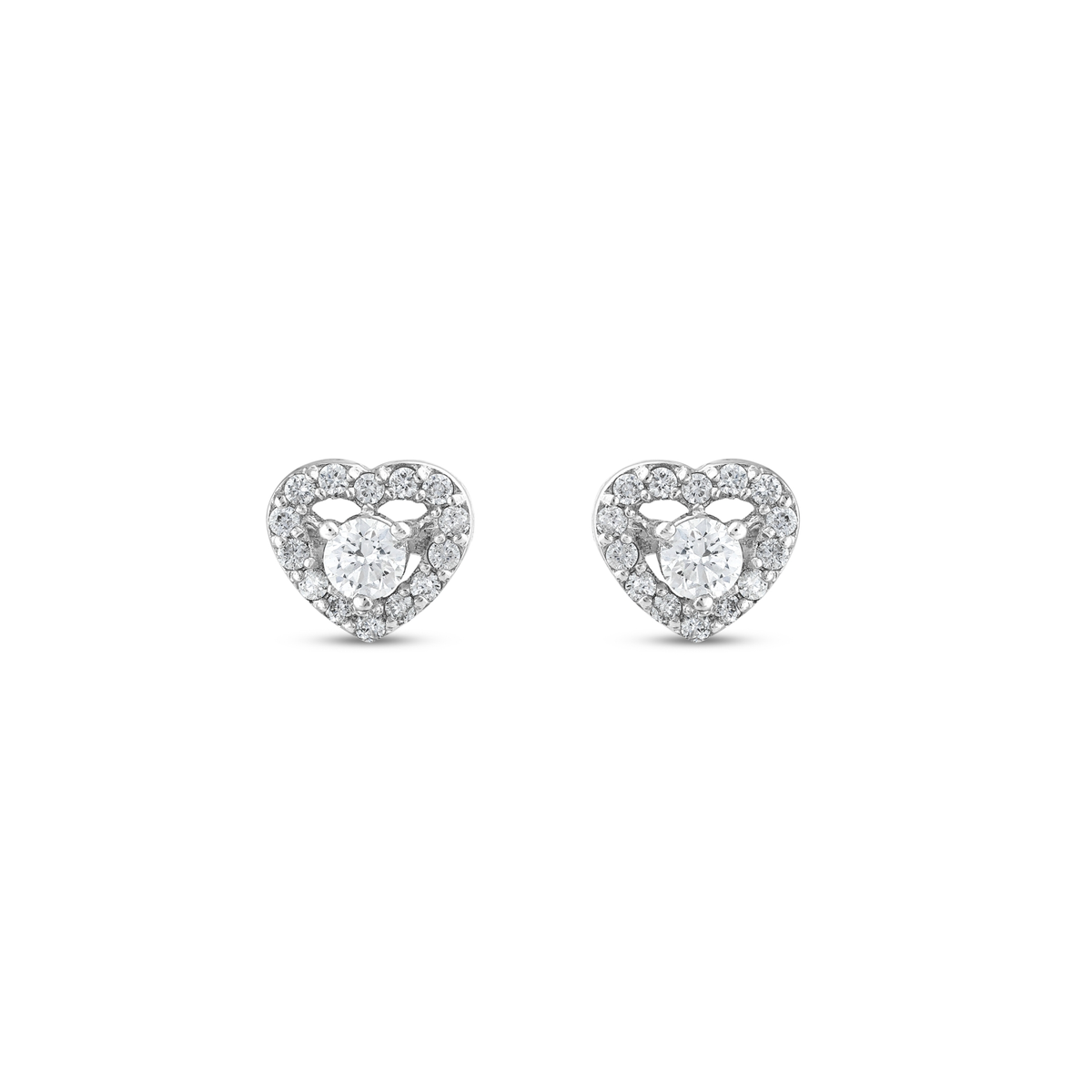 0.36 ct natural diamond heart halo stud earrings in 18K white gold, front view of the pair