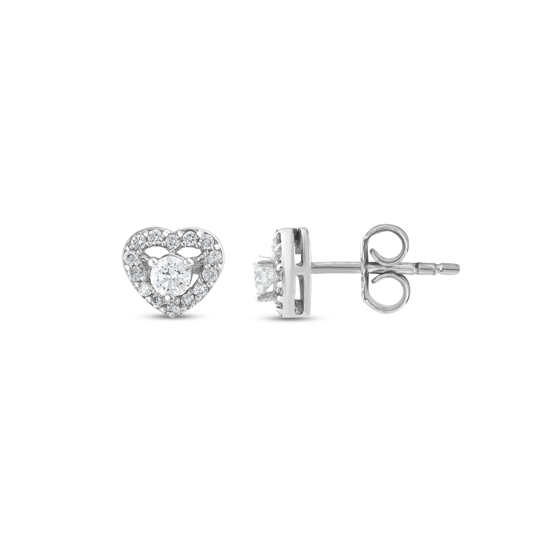 Natural diamond heart halo stud in 18K white gold, front and side view showing the butterfly back