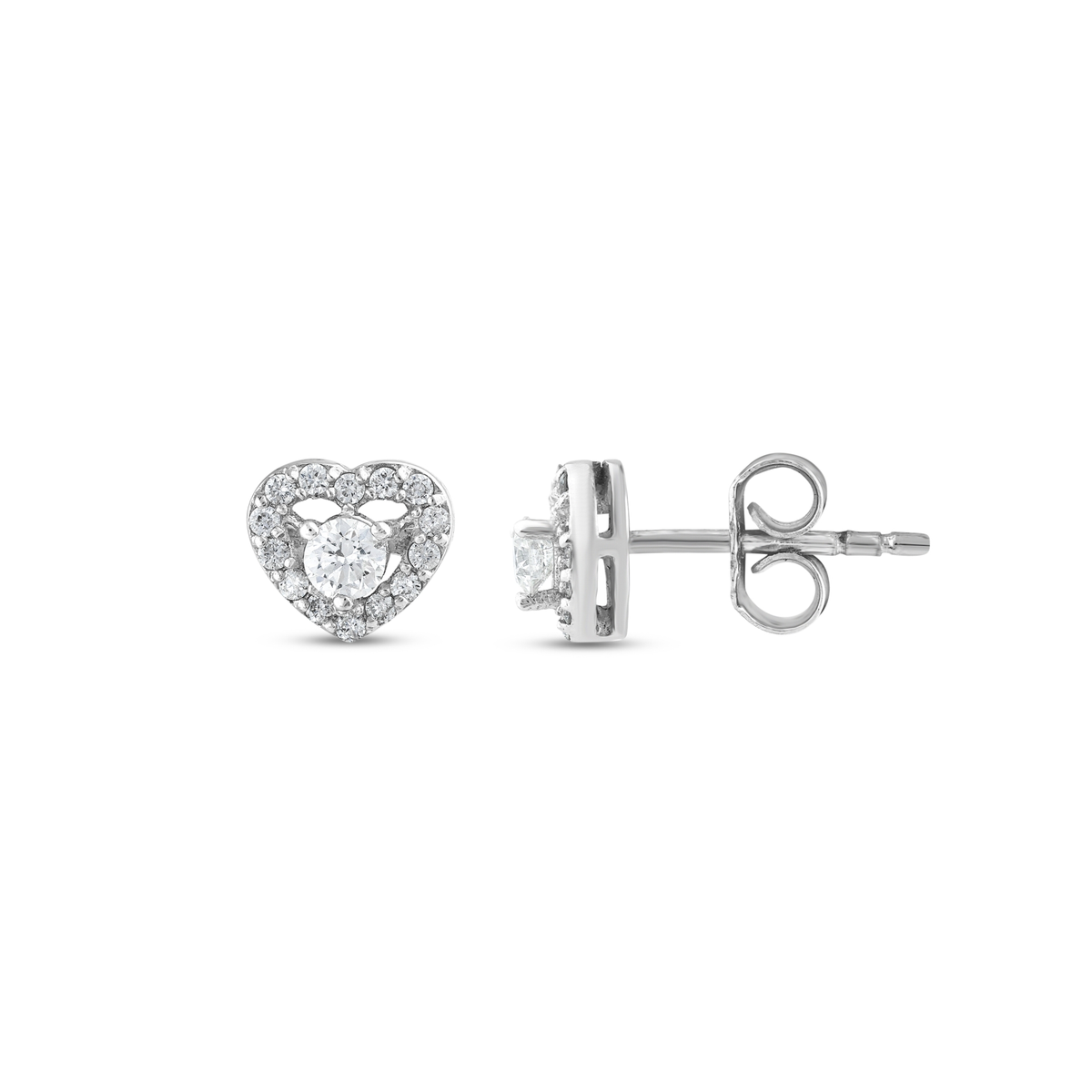Natural diamond heart halo stud in 18K white gold, front and side view showing the butterfly back