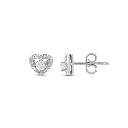Natural diamond heart halo stud in 18K white gold, front and side view showing the butterfly back