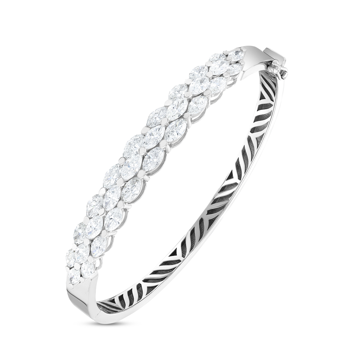 Natural diamond marquise bangle in 18K white gold standing upright, showing the three rows of marquise diamonds and the box clasp
