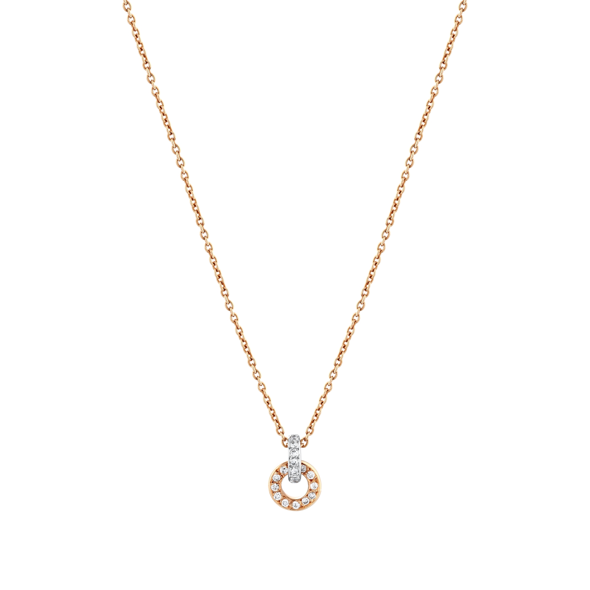 Natural diamond open circle pendant necklace in 18K rose gold on a fine chain, front view