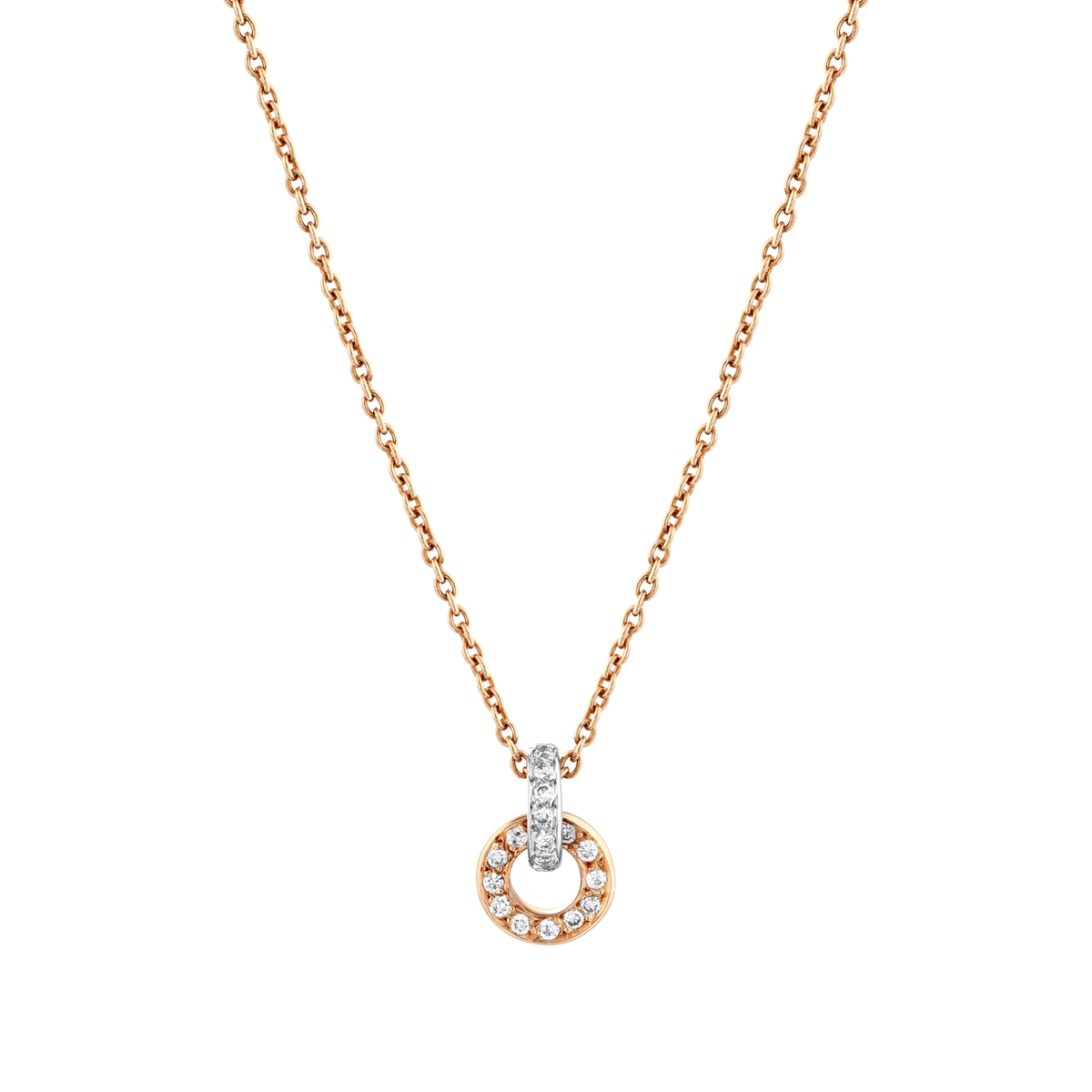 Close-up of the open diamond circle in 18K rose gold hanging from its diamond-set bail
