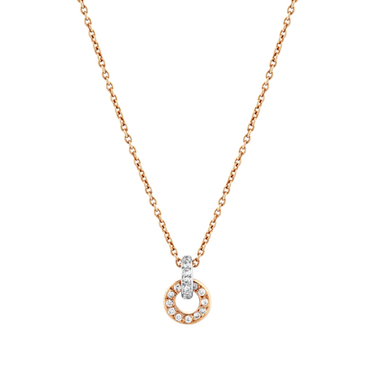 Close-up of the open diamond circle in 18K rose gold hanging from its diamond-set bail