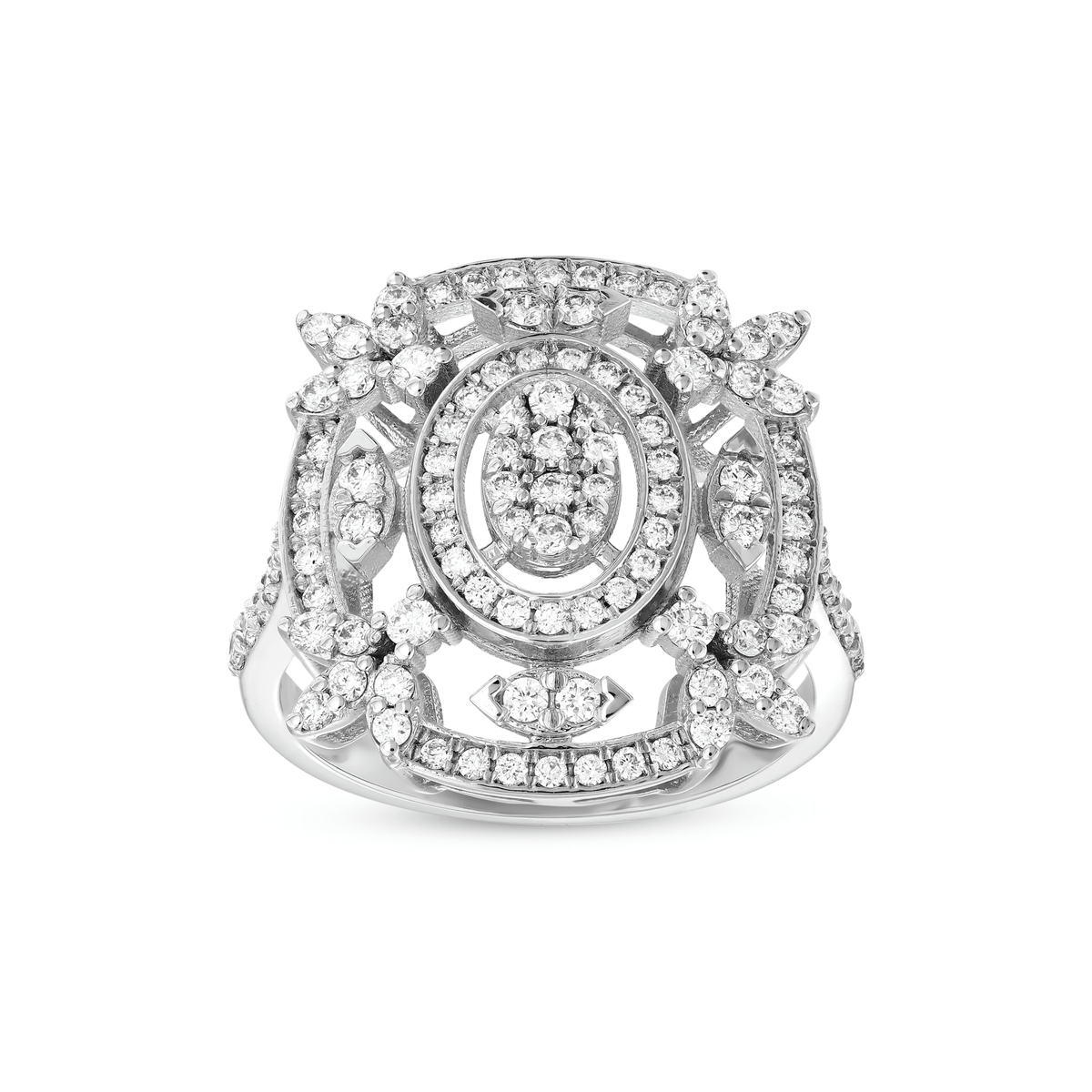 0.77 ct tw natural diamond openwork cocktail ring in 14K white gold with an oval cluster, oval halo and four diamond flowers, front view