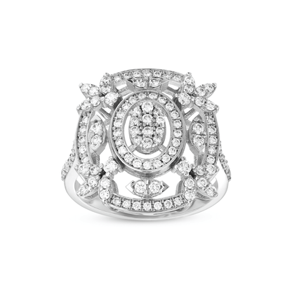 0.77 ct tw natural diamond openwork cocktail ring in 14K white gold with an oval cluster, oval halo and four diamond flowers, front view