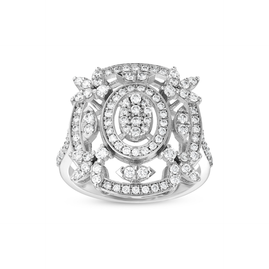 0.77 ct tw natural diamond openwork cocktail ring in 14K white gold with an oval cluster, oval halo and four diamond flowers, front view