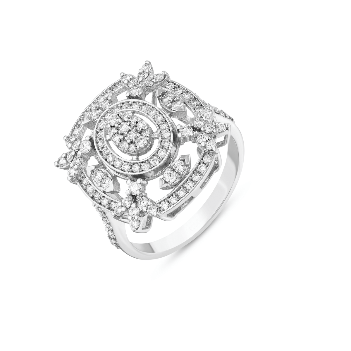Three-quarter view of the natural diamond oval halo openwork cocktail ring in 14K white gold showing the pave shoulders and the open setting