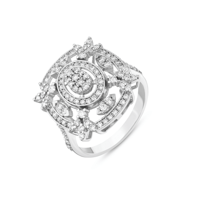 Three-quarter view of the natural diamond oval halo openwork cocktail ring in 14K white gold showing the pave shoulders and the open setting