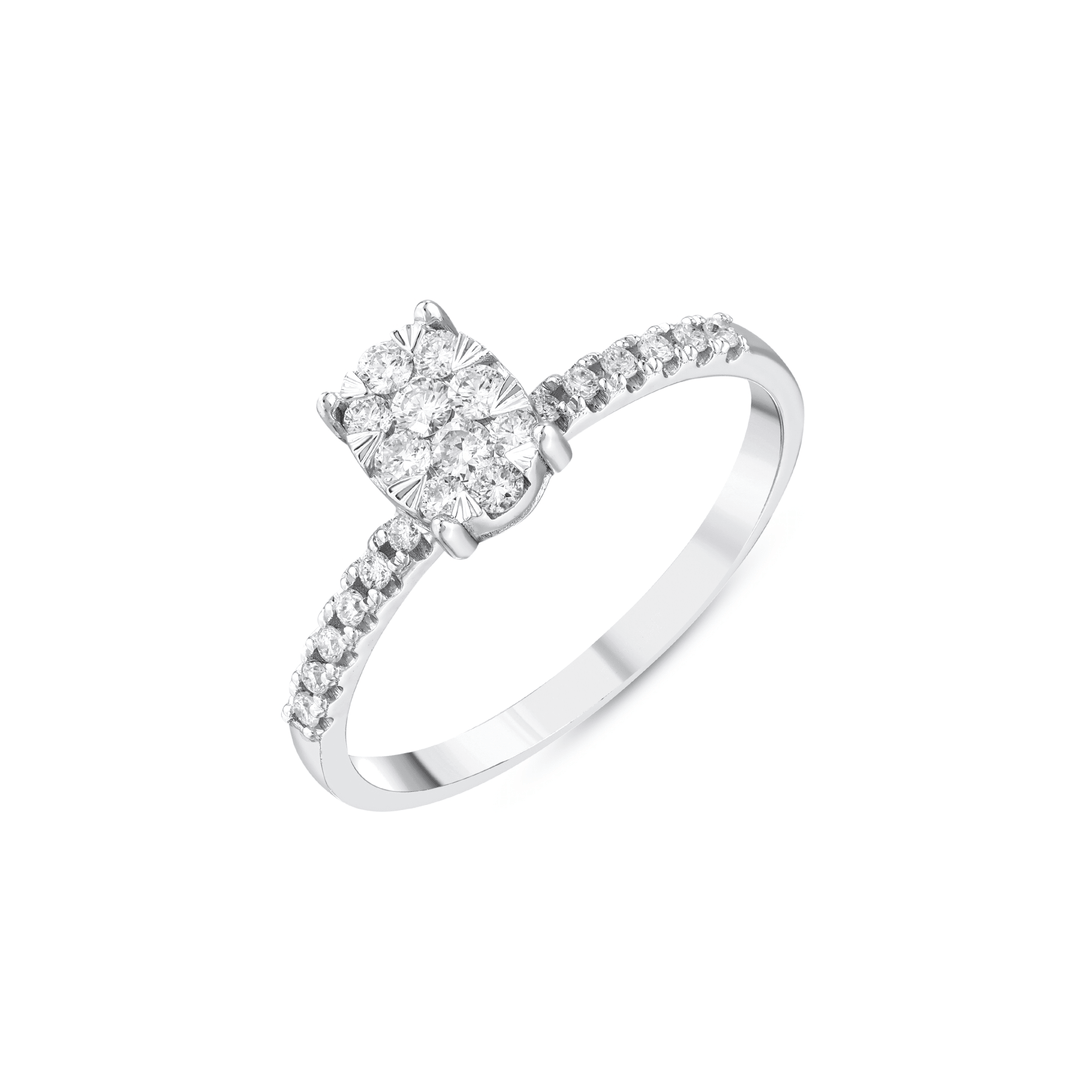 Three-quarter view of the 14K white gold oval illusion ring with pavé natural diamond shoulders