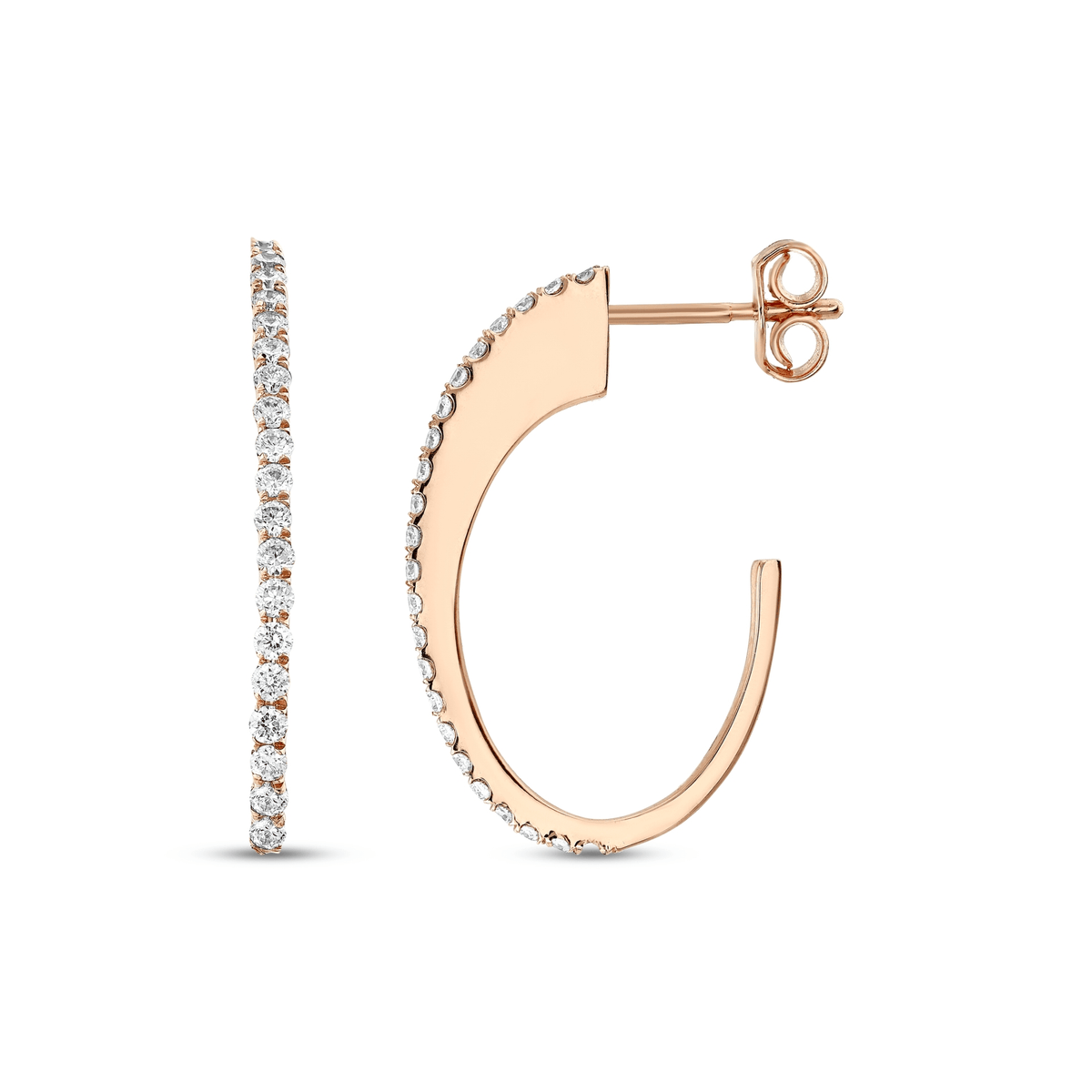 Natural diamond oval J hoop earring in 14K rose gold: the single front row of round diamonds and the side view with its post and butterfly back