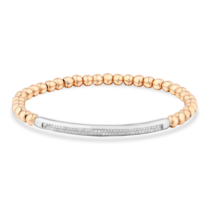 Natural diamond pavé bar bead bracelet in 14K solid rose and white gold, front view on white