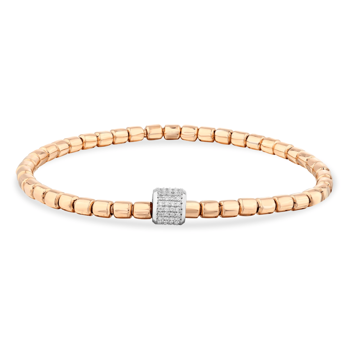 Natural diamond pavé barrel bead bracelet in 14K solid rose and white gold, laid flat on white