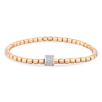 Natural diamond pavé barrel bead bracelet in 14K solid rose and white gold, laid flat on white