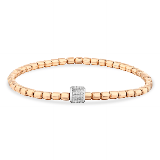 Natural diamond pavé barrel bead bracelet in 14K solid rose and white gold, laid flat on white
