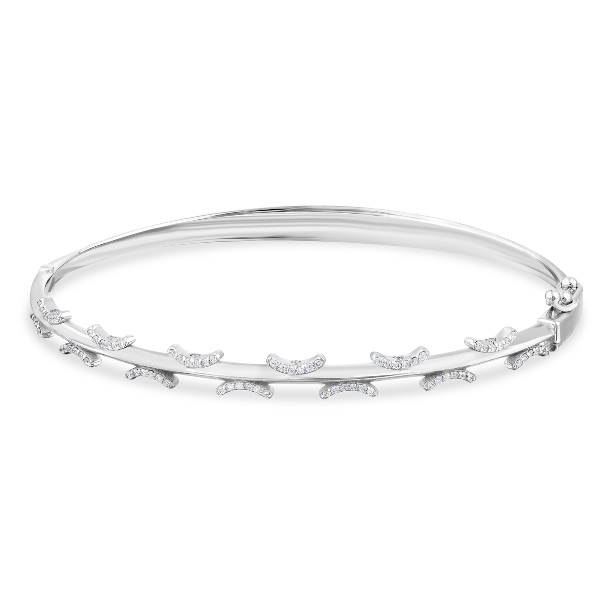 Natural diamond pavé crescent bangle bracelet in 14K solid white gold, front view