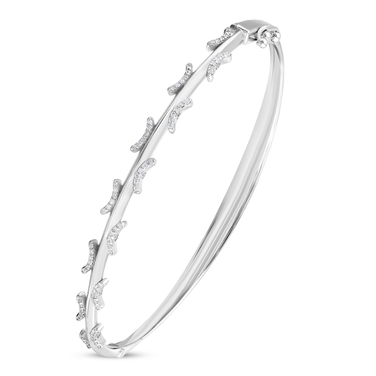 Natural diamond pavé crescent bangle bracelet in 14K white gold, angled view of the diamond crescents