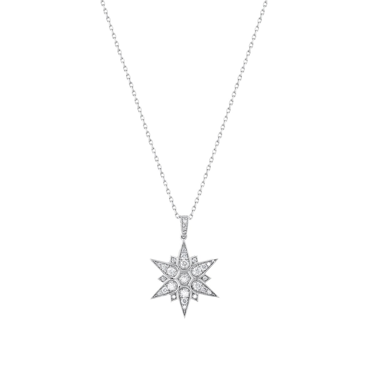 Natural diamond pavé starburst pendant necklace in 14K white gold on a fine cable chain, front view