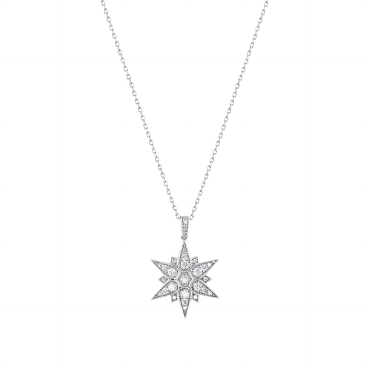 Natural diamond pavé starburst pendant necklace in 14K white gold on a fine cable chain, front view