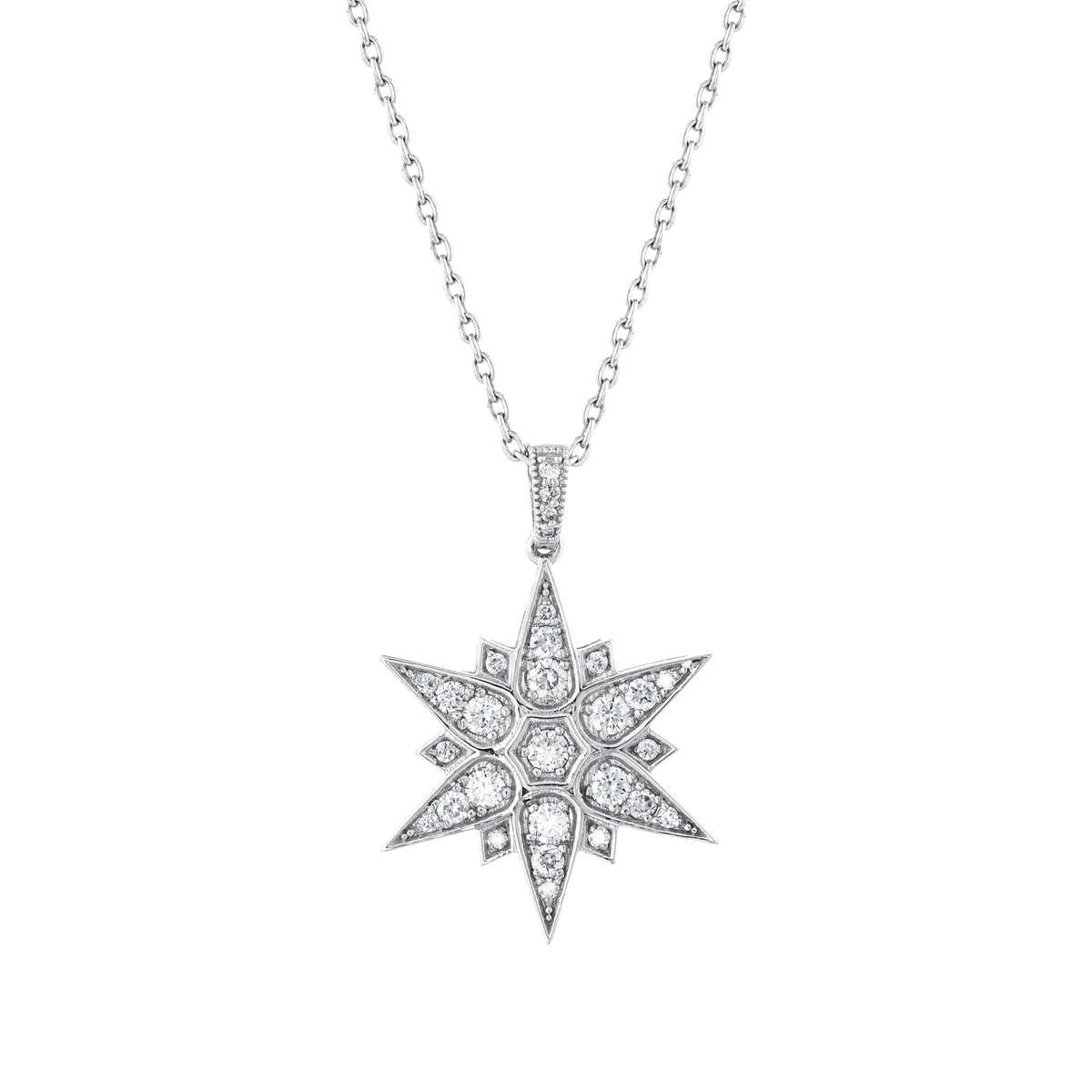 Close-up of the twelve-point natural diamond starburst pendant in 14K white gold with its pavé bail