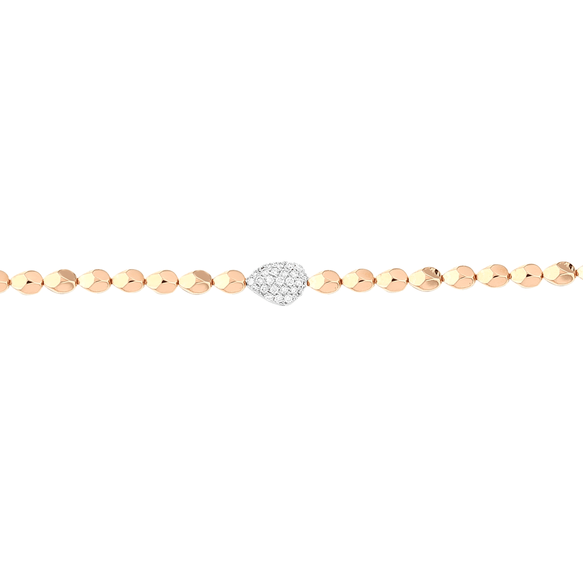 Close view of the white-gold teardrop paved with natural diamonds between faceted 14K rose-gold beads