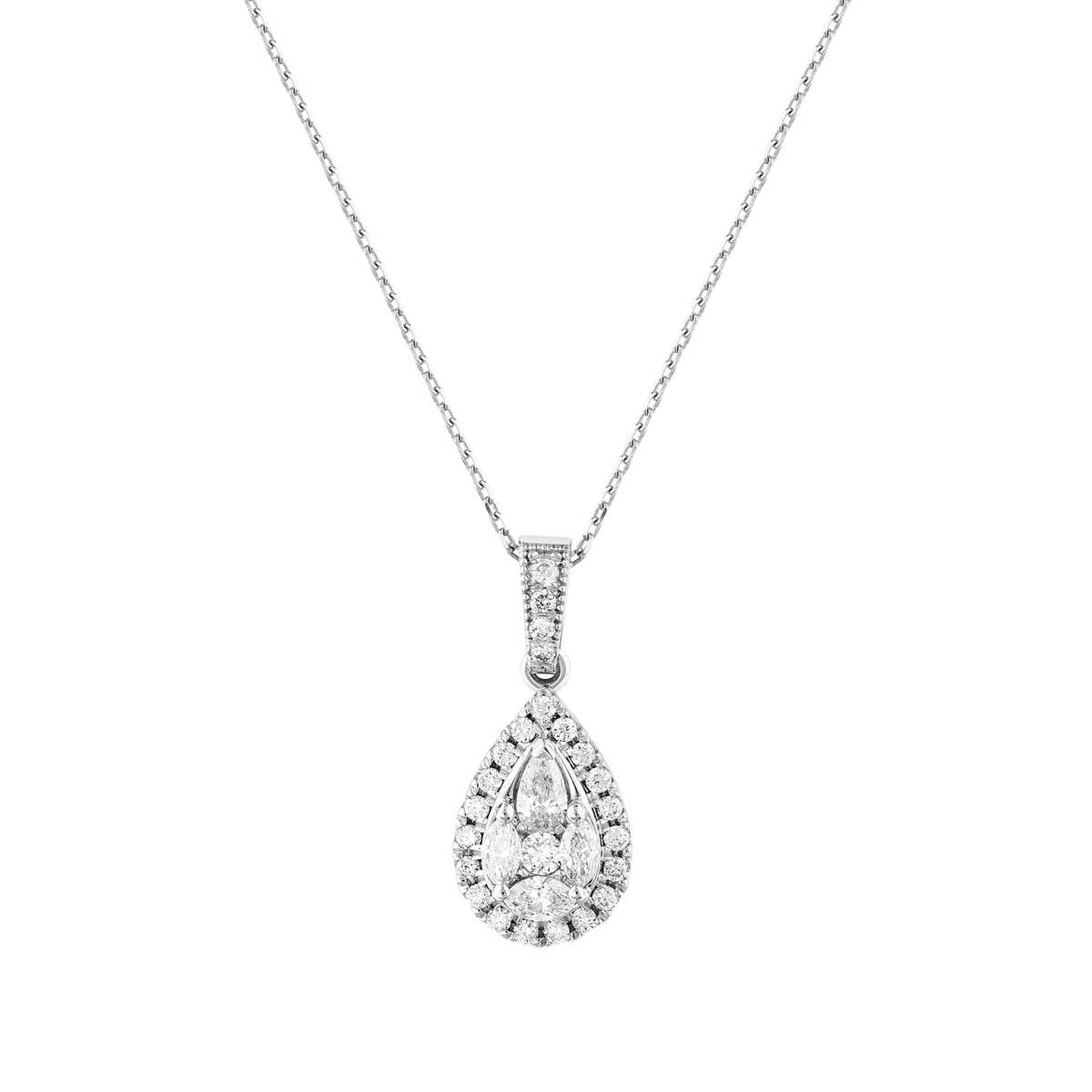Pear halo natural diamond cluster pendant necklace in 14K solid white gold on a fine cable chain, front view