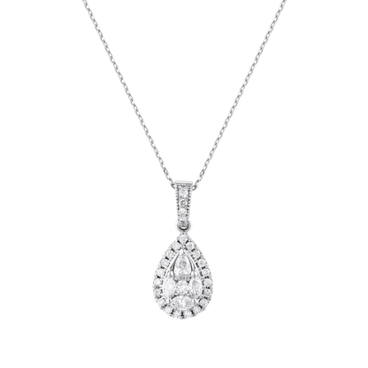 Pear halo natural diamond cluster pendant necklace in 14K solid white gold on a fine cable chain, front view