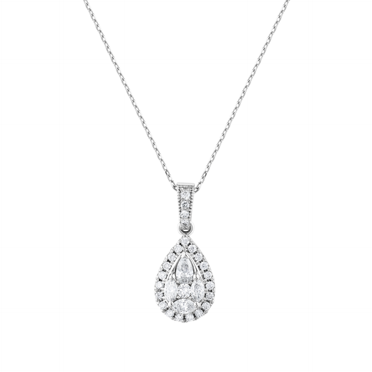 Pear halo natural diamond cluster pendant necklace in 14K solid white gold on a fine cable chain, front view