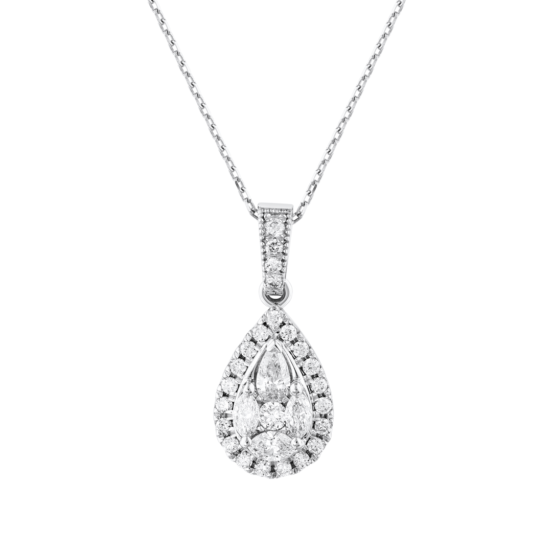 Close-up of the pear-shaped natural diamond cluster with halo and diamond bail in 14K white gold