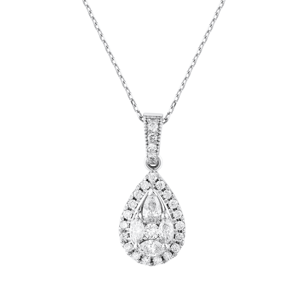 Close-up of the pear-shaped natural diamond cluster with halo and diamond bail in 14K white gold