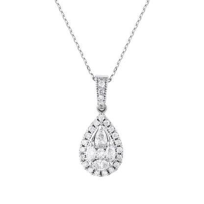 Close-up of the pear-shaped natural diamond cluster with halo and diamond bail in 14K white gold