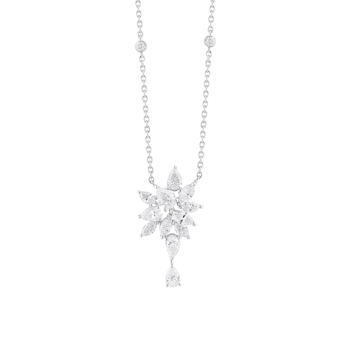 2.59 ct natural diamond pear and marquise cluster drop necklace in 18K white gold, front view