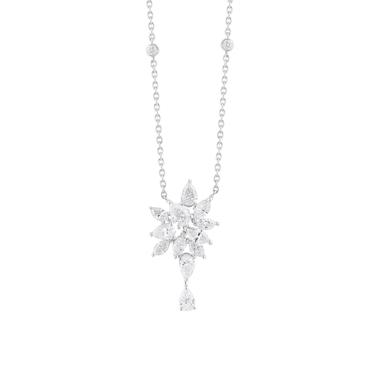 2.59 ct natural diamond pear and marquise cluster drop necklace in 18K white gold, front view