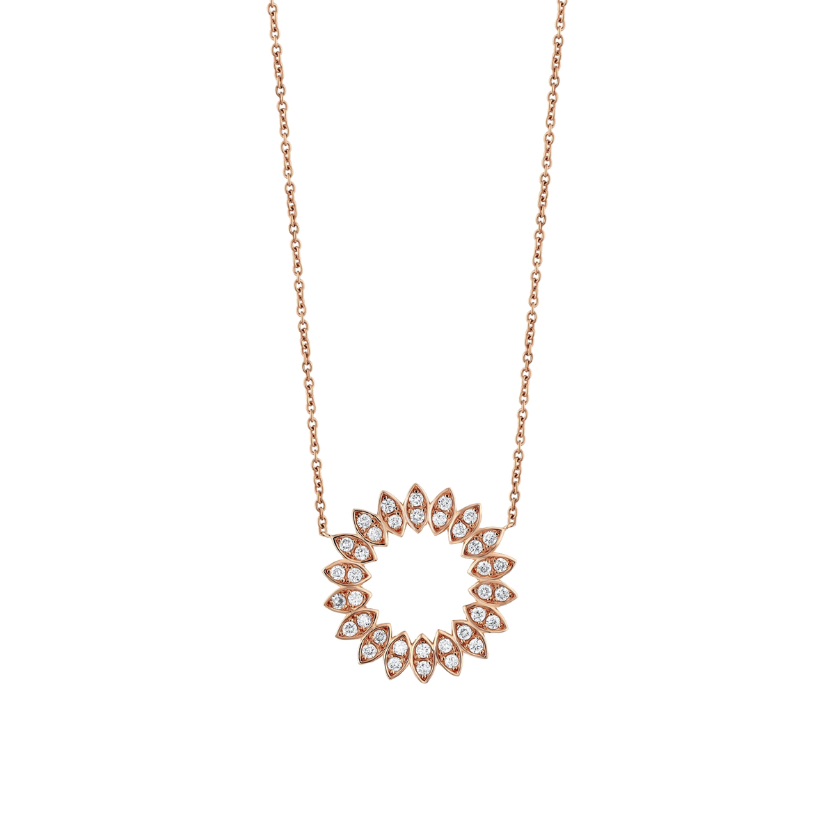 Natural diamond petal circle pendant necklace in 14K solid rose gold on a fine cable chain, front view on white.