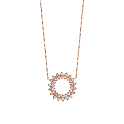 Natural diamond petal circle pendant necklace in 14K solid rose gold on a fine cable chain, front view on white.