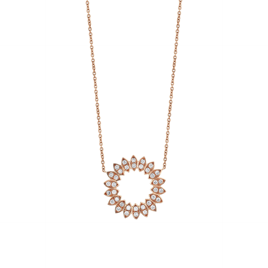 Natural diamond petal circle pendant necklace in 14K solid rose gold on a fine cable chain, front view on white.