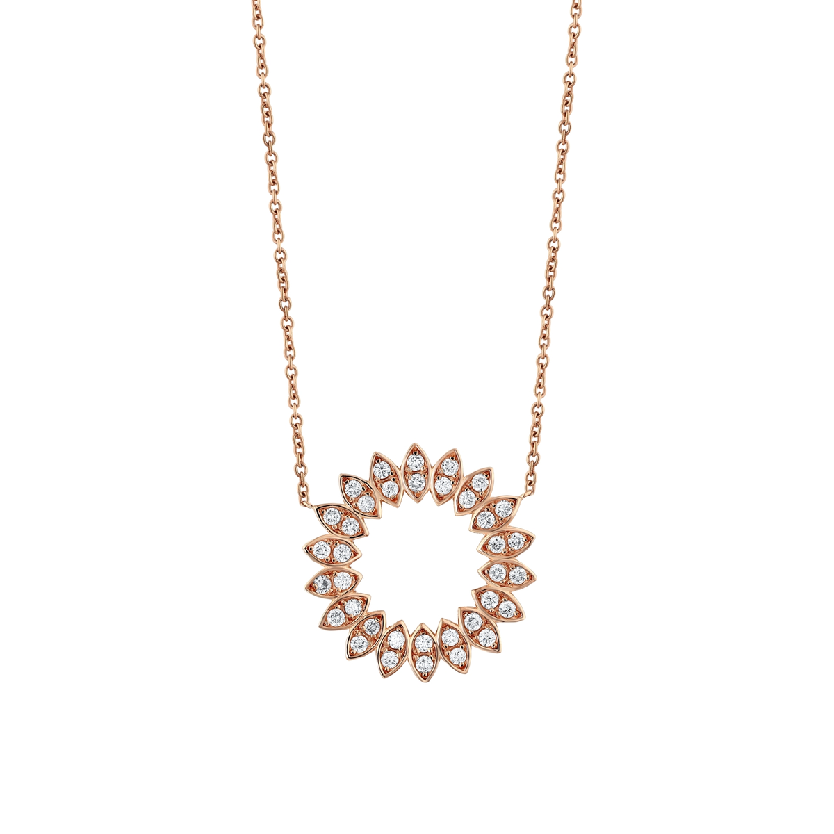 Close view of the eighteen diamond-set petals of a 14K rose gold natural diamond circle pendant.