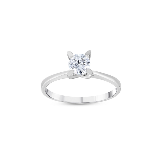 0.60 ct natural round diamond solitaire ring in 14K white gold with four petal-tipped claws, front view